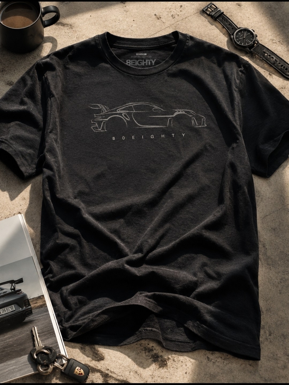 Men's Classic Black Short-Sleeve Minimalist Graphic Tee - Porsche - Super Soft